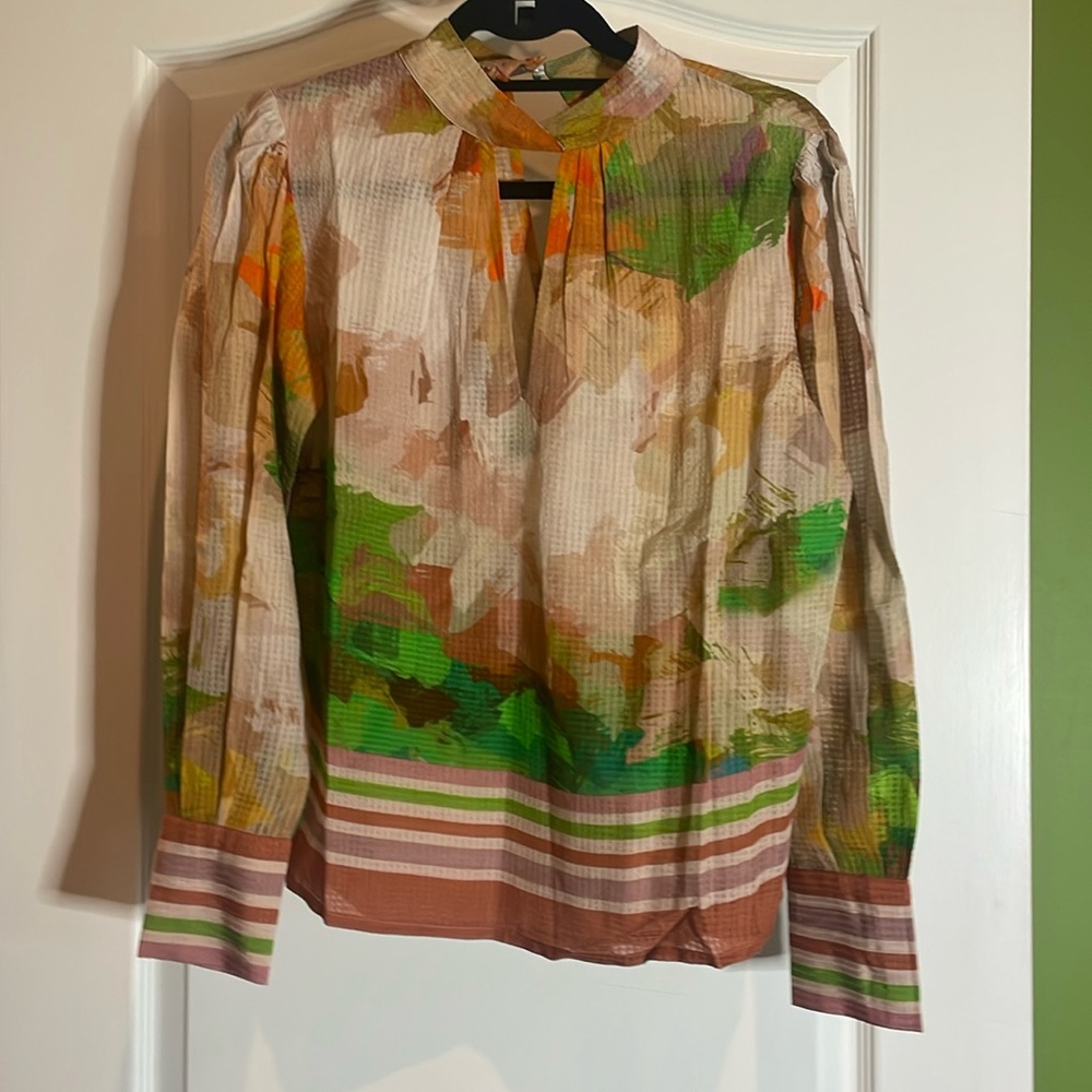 Orange and Yellow Relaxed Graphic Blouse with Mandarin Collar